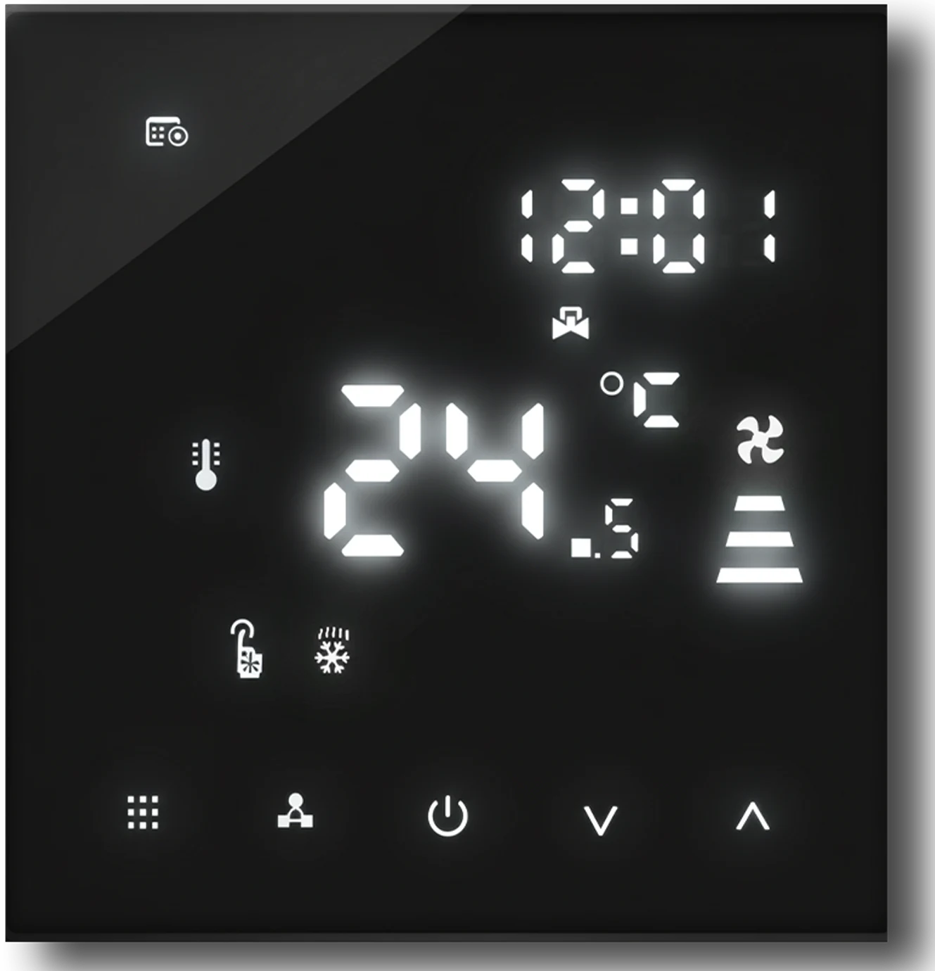 Full front view of the graphite LOMA smart touch thermostat