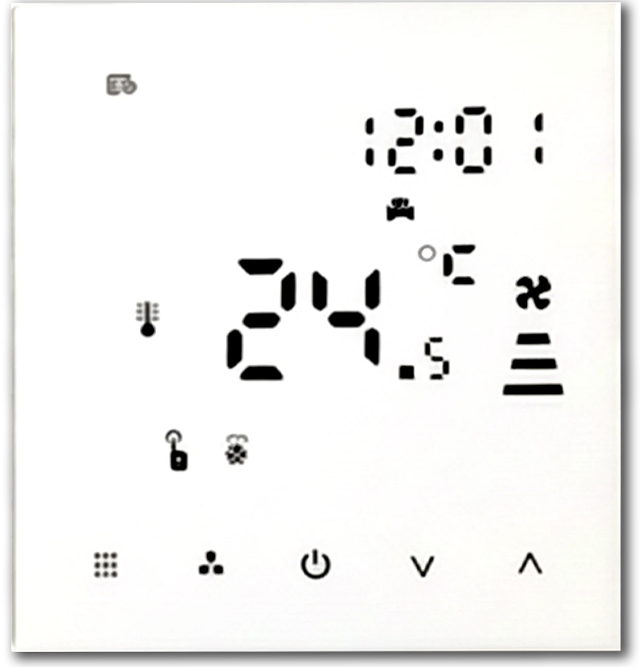 Full front view of the white LOMA smart touch thermostat