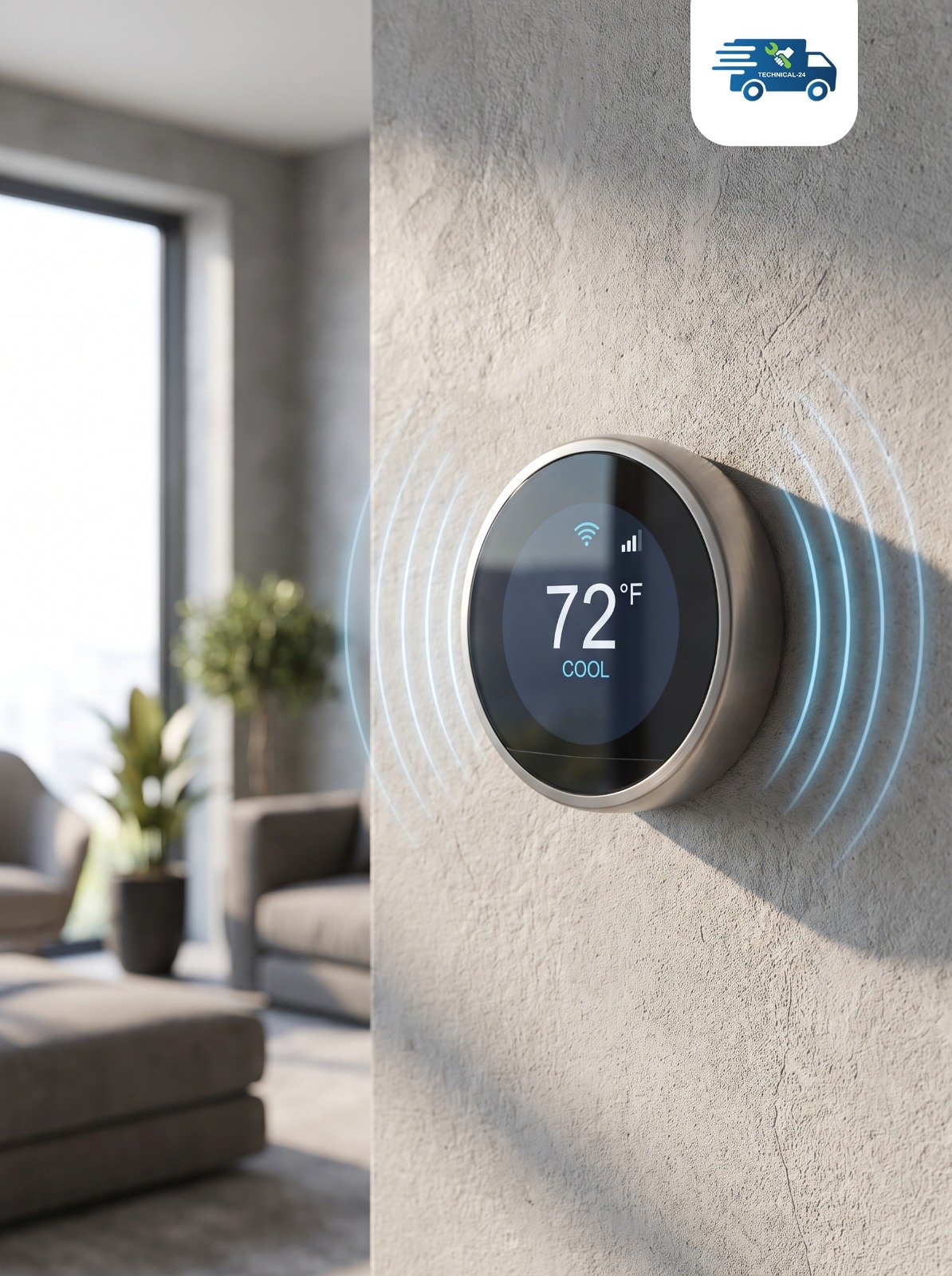 Round smart thermostat installed on a sunlit living room wall