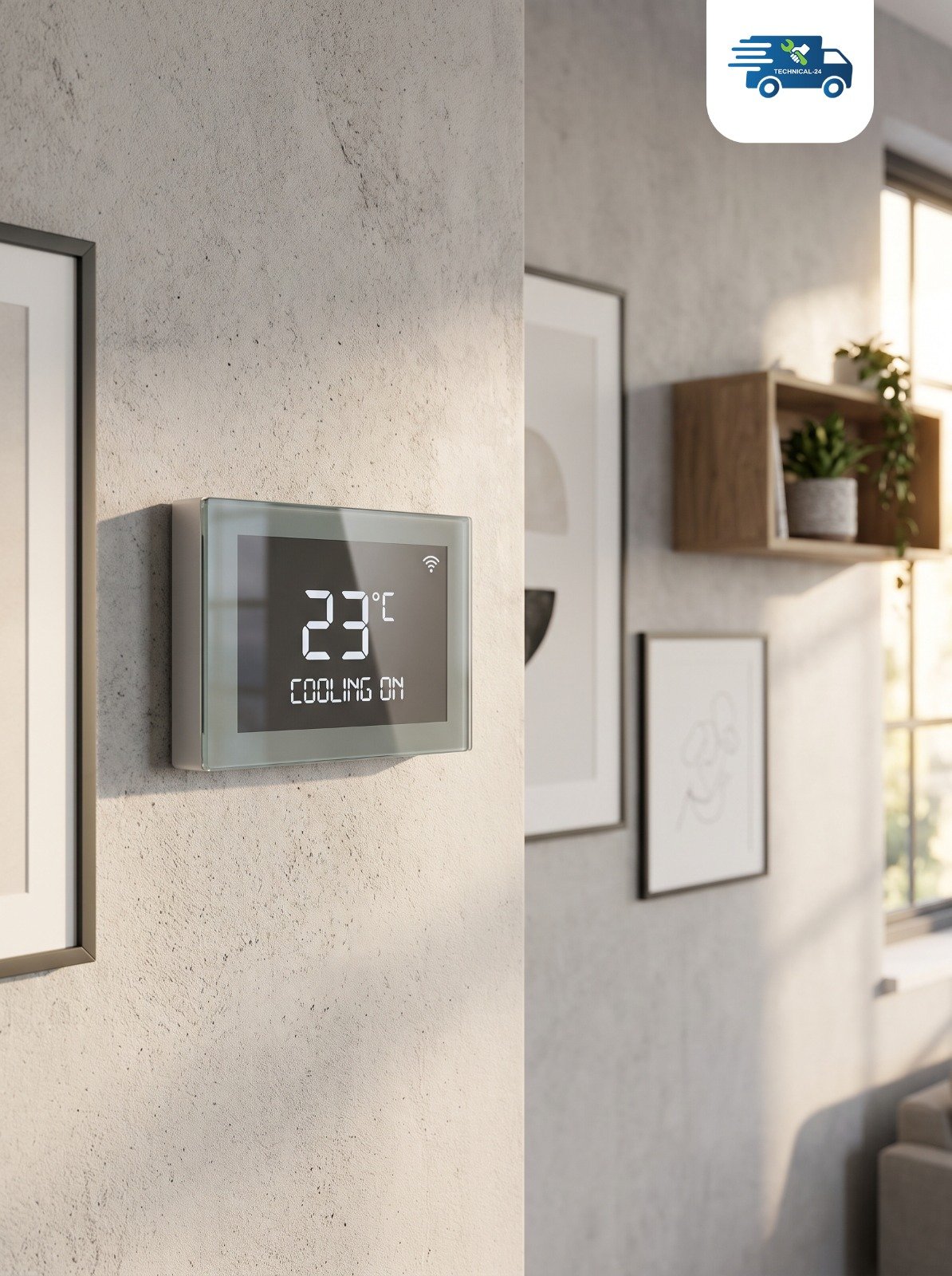 Glass touch thermostat installed on a sunlit living room wall