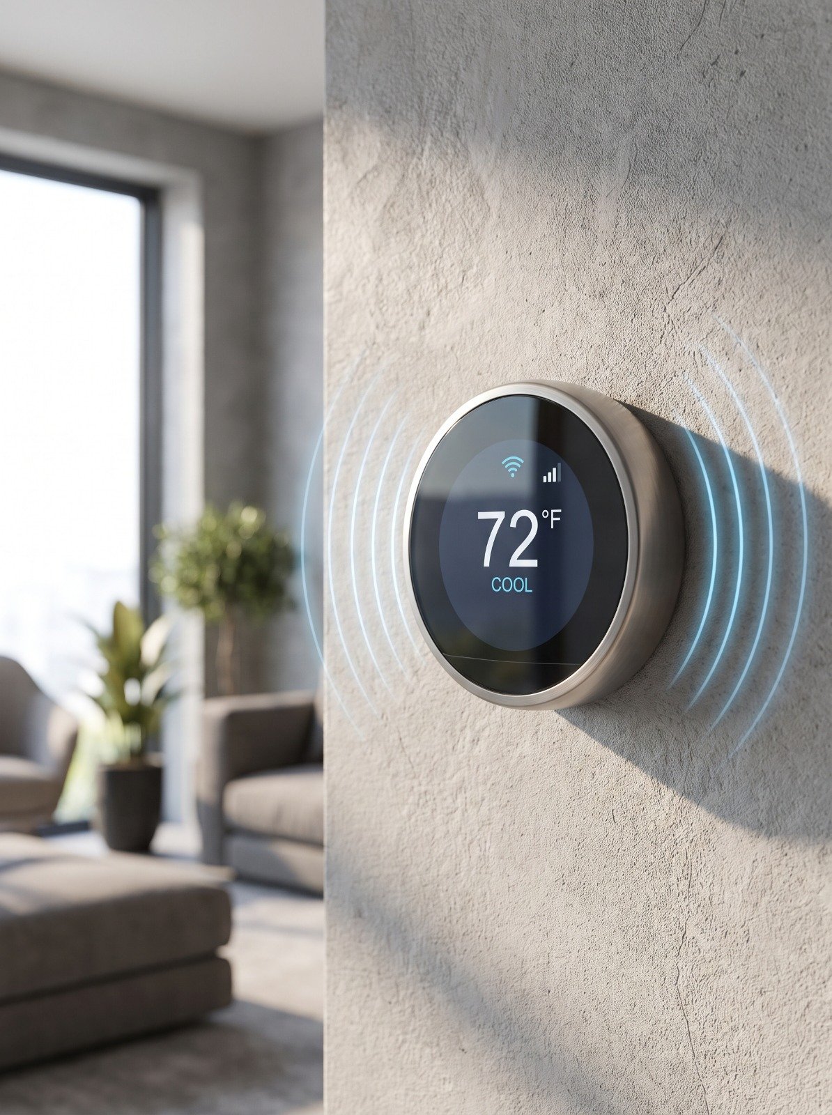 Connected round thermostat operating in a bright living space