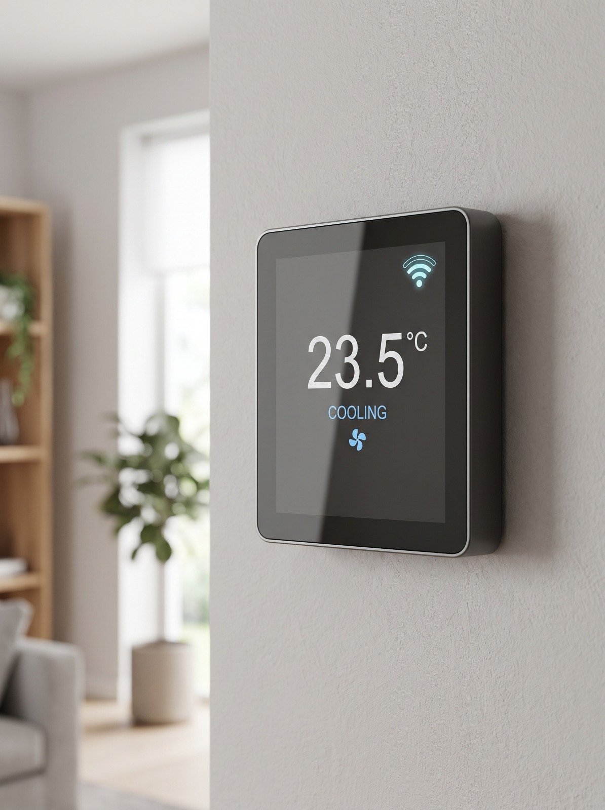 Graphite smart thermostat fitted in a completed contemporary interior